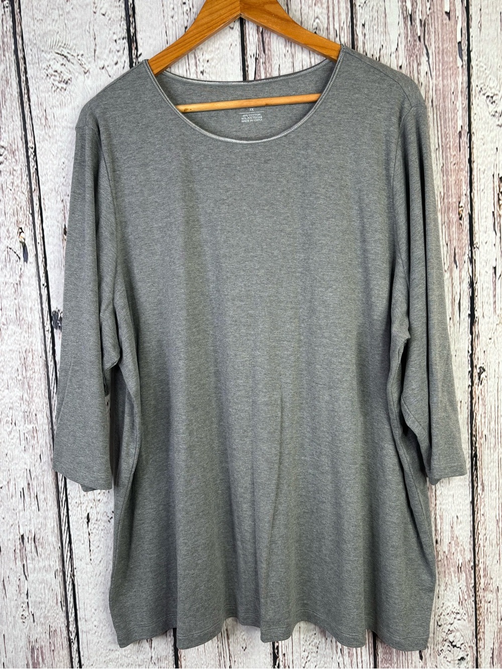 NWOT CJ Banks Plus Size 3X Gray Pullover Shirt 3/4 Sleeves Cotton Blend Stretch